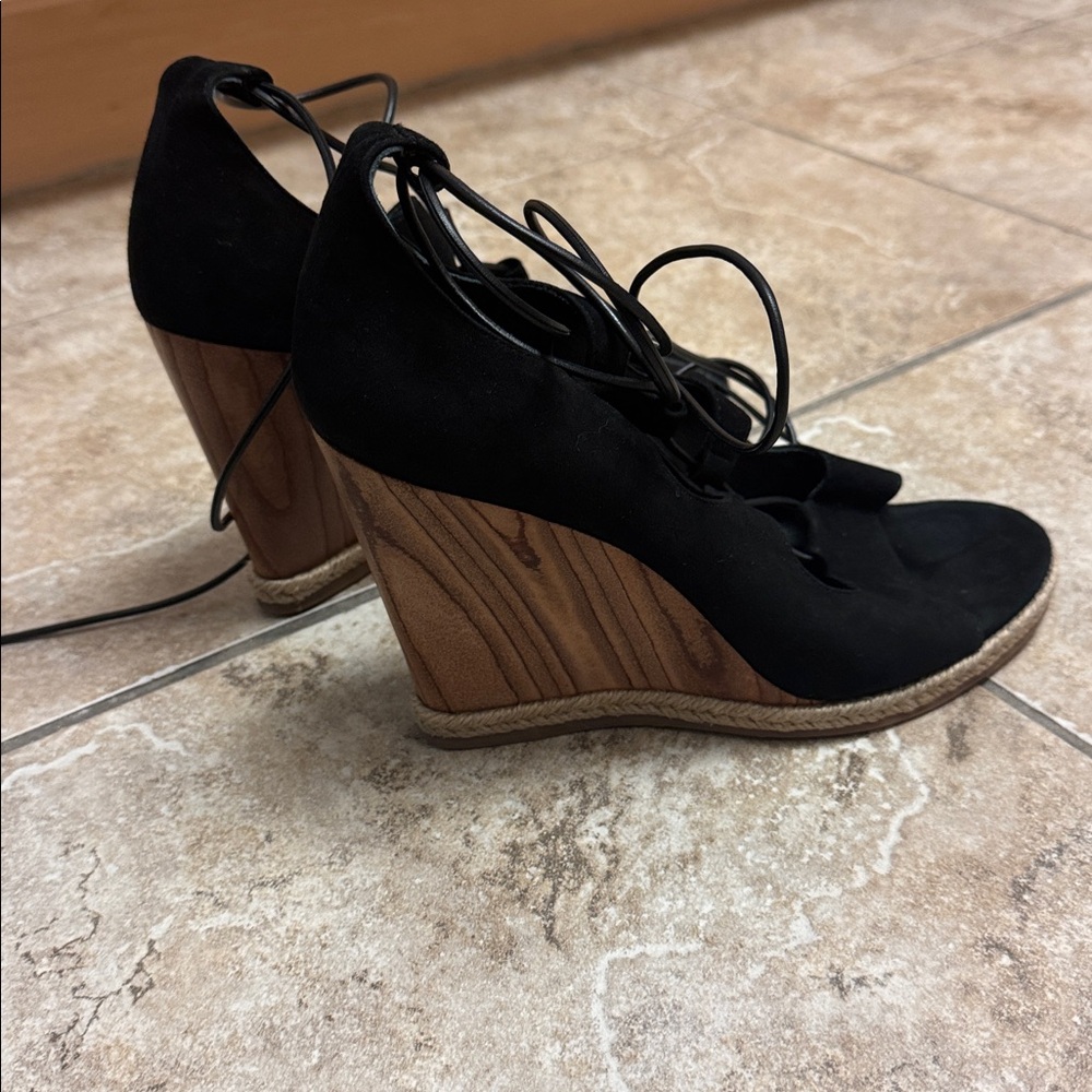 Tory Burch Black Suede Leather Lace Up Tie Tan Wedge Sandal Heels 9.5 - Picture 9 of 14